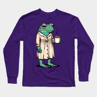 Sleepy tired frog with coffee Long Sleeve T-Shirt